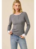 Atelier Henley Ribbed Contrast Trim Top- Multiple Colors