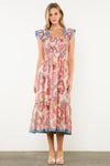 Smocked Flutter Sleeve Paisley Print Maxi Dress
