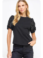 Faux Leather Eyelet Crochet Sleeve Tee Top