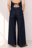 Wide Leg Elastic Waist Dark Denim Trousers