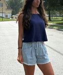 Elastic Waist Fray Hem Shorts