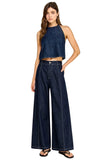 Wide Leg Elastic Waist Dark Denim Trousers