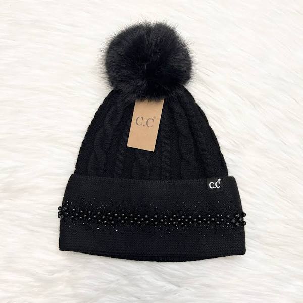 C.C. Pearl Rhinestone Cuff Pom Hat